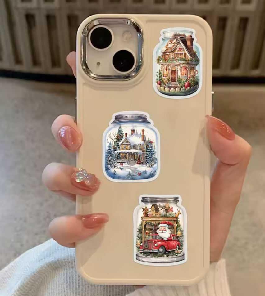 🎄✨ 50-pack Julburkar Klistermärken – Magiska Vintermotiv i Glasburkar