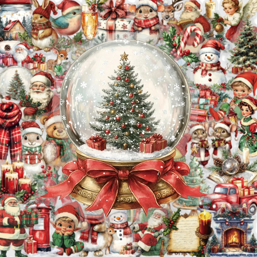 🎅✨ 50-pack Julklistermärken – Retro Vintermagi med Tomtar, Djur & Paket