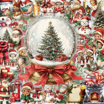 🎅✨ 50-pack Julklistermärken – Retro Vintermagi med Tomtar, Djur & Paket