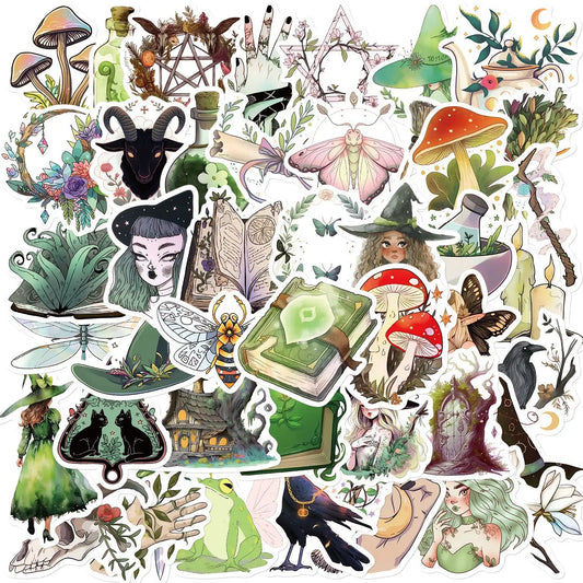 🍄🌿 50-pack Green Witch & Skogsmagi – Drömska Klistermärken i Vattentålig Vinyl