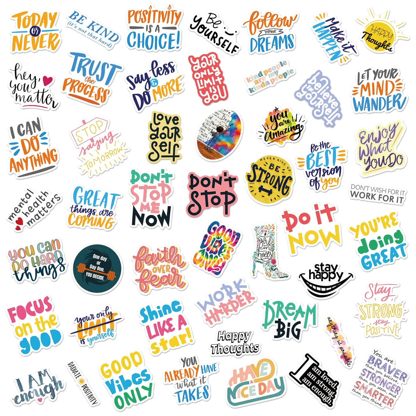 🌈 50-pack Pepp & Positivitet – Motiverande Quote-Stickers i Vattentålig Vinyl
