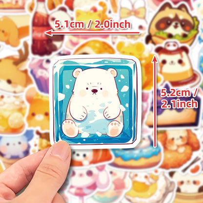 🍰🐻 50-pack Supergulliga Kawaii Mat & Djur Klistermärken – Vattentåliga Vinylstickers 🐰🍩