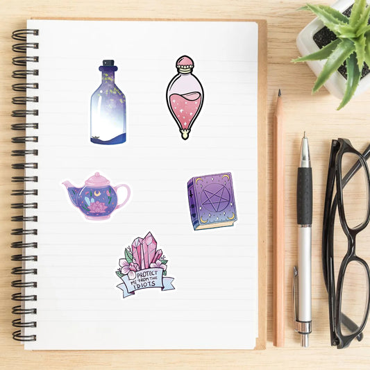 🌙🔮 100-pack Pastellmagi – Kristaller, Månar & Potioner i Vattentålig Vinyl