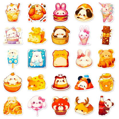 🍰🐻 50-pack Supergulliga Kawaii Mat & Djur Klistermärken – Vattentåliga Vinylstickers 🐰🍩