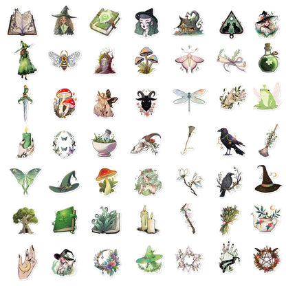 🍄🌿 50-pack Green Witch & Skogsmagi – Drömska Klistermärken i Vattentålig Vinyl